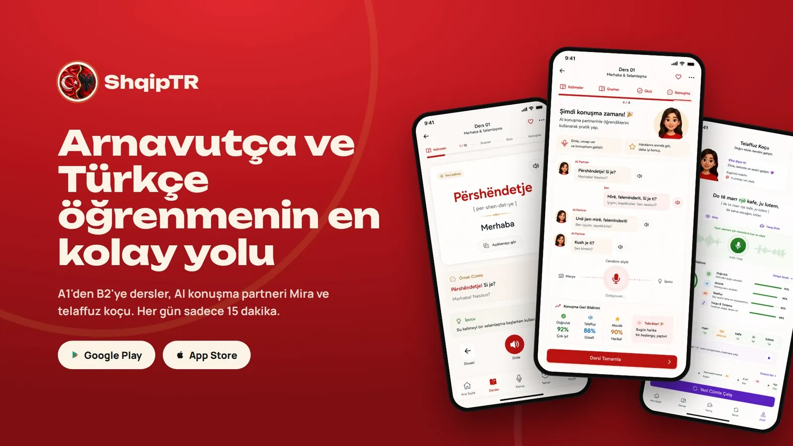 ShqipTR uygulaması — dersler, Mira ile yapay zekâ konuşma ve telaffuz koçu ekranları